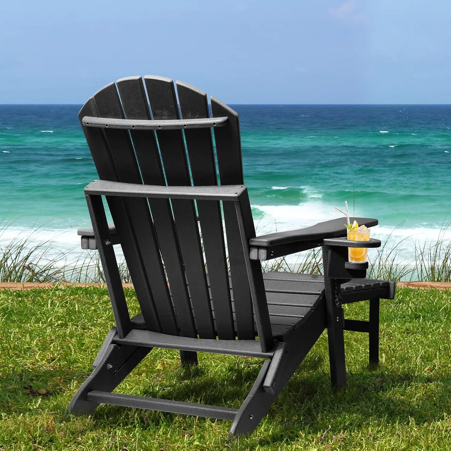 FUNBERRY Adjustable Folding Adirondack Chairs Set of 4 with Retractable Ottoman, All Weather Fire Pit Chairs with Cup Holder