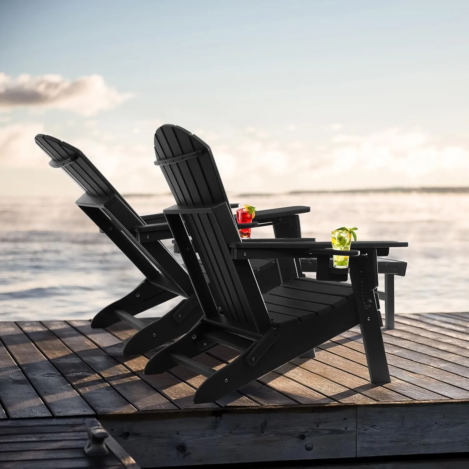 FUNBERRY Adjustable Folding Adirondack Chairs Set of 4 with Retractable Ottoman, All Weather Fire Pit Chairs with Cup Holder