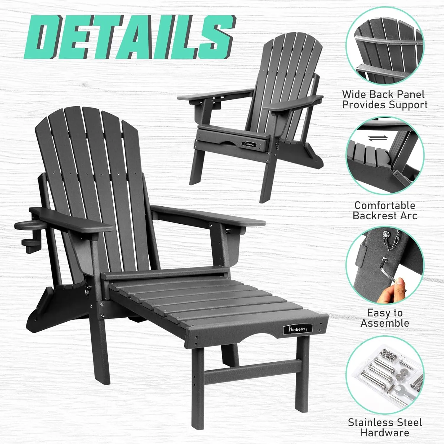 FUNBERRY Adjustable Folding Adirondack Chairs Set of 4 with Retractable Ottoman, All Weather Fire Pit Chairs with Cup Holder
