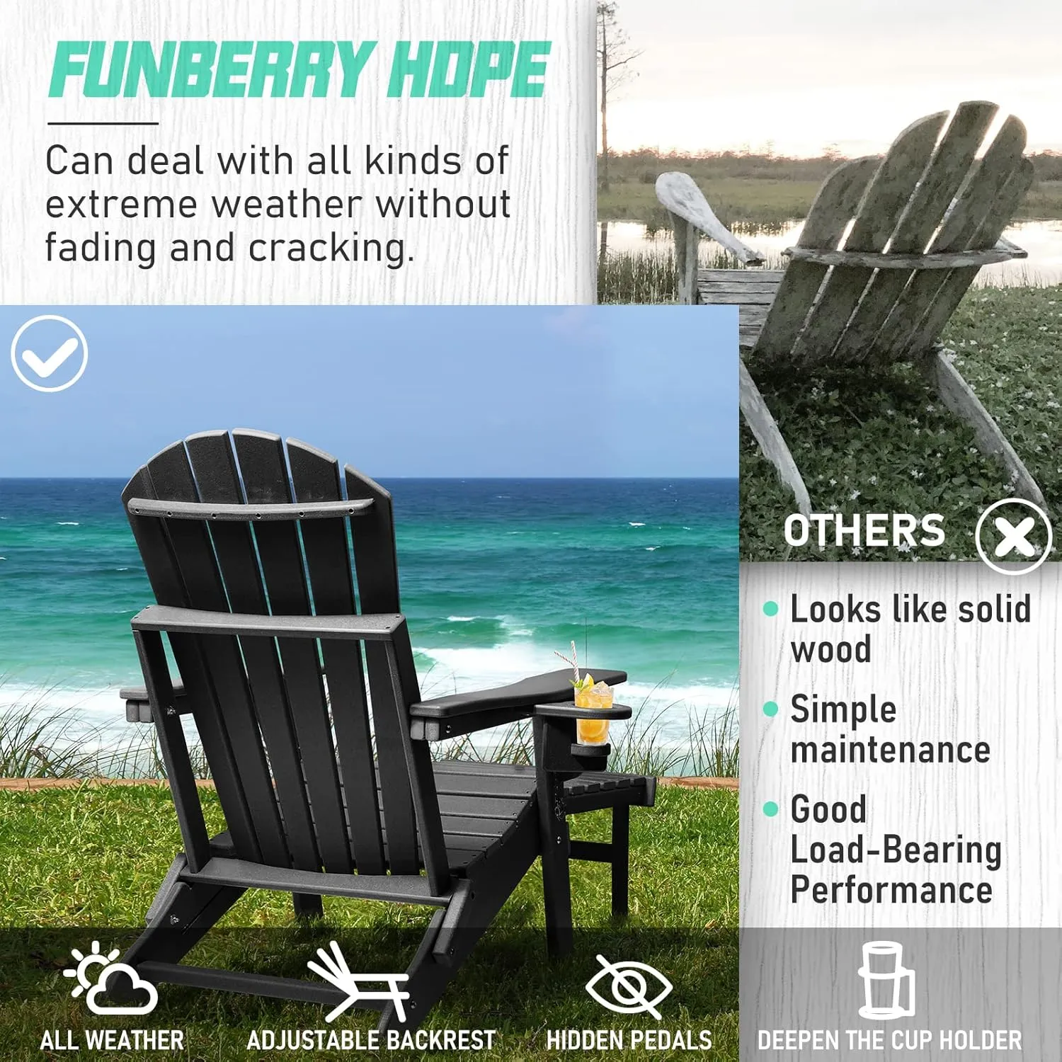 FUNBERRY Adjustable Folding Adirondack Chairs Set of 4 with Retractable Ottoman, All Weather Fire Pit Chairs with Cup Holder