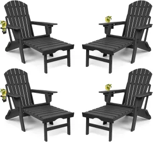 FUNBERRY Adjustable Folding Adirondack Chairs Set of 4 with Retractable Ottoman, All Weather Fire Pit Chairs with Cup Holder