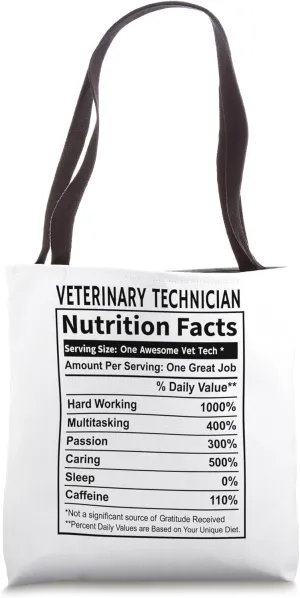 Funny Veterinary Technician Vet Tech Nutrition Facts label Tote Bag