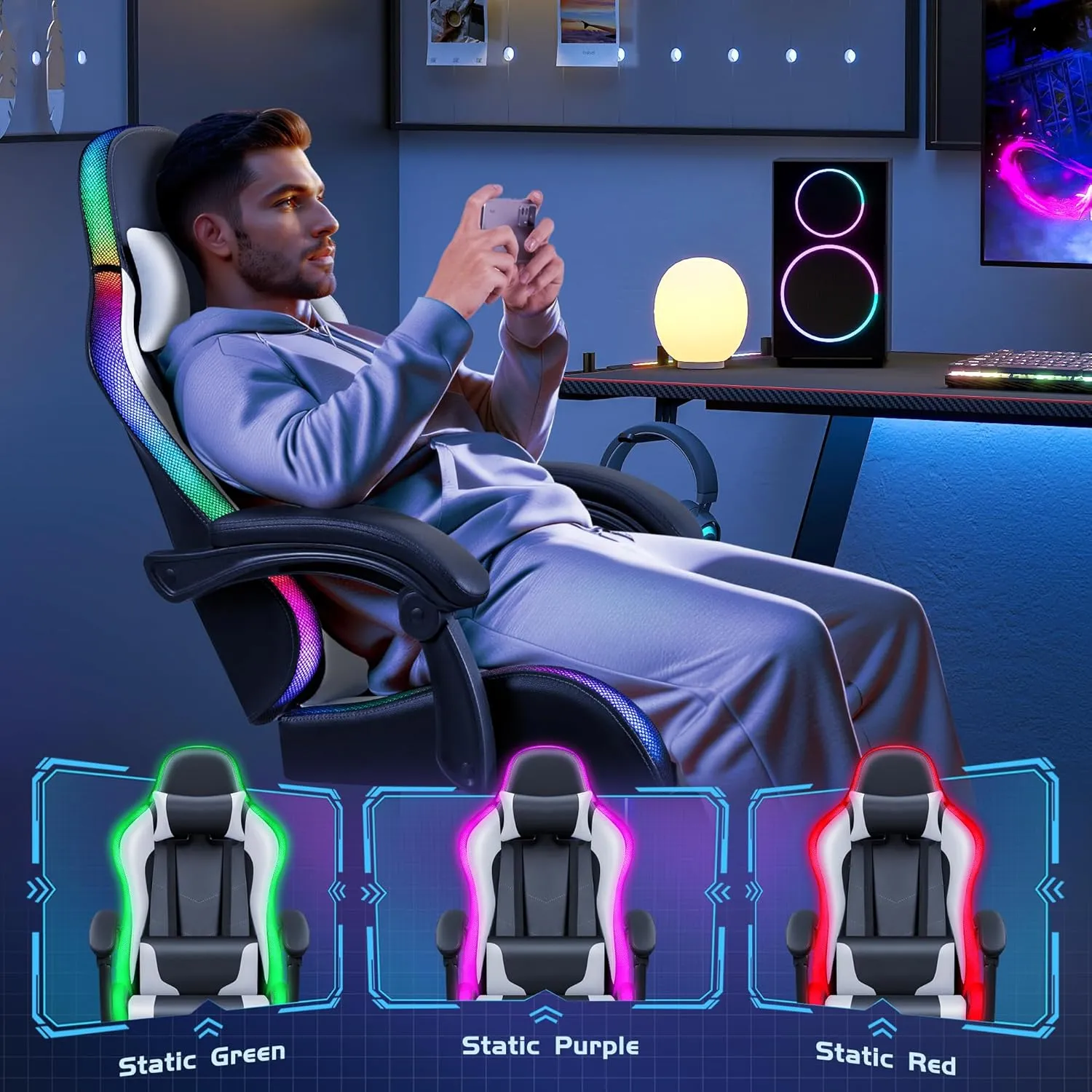 Furmax Gaming Chair with RGB LED Lights, Video Game Chair with Footrest and Massage Lumbar Support, High Back Reclining Computer Chair with Headrest, Swivel Seat Gamer Chair (LED White)