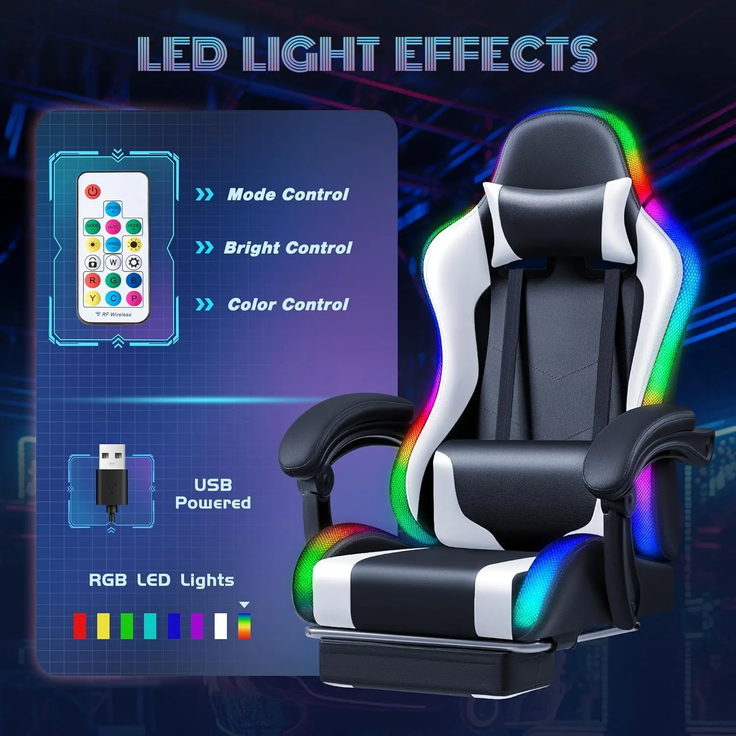 Furmax Gaming Chair with RGB LED Lights, Video Game Chair with Footrest and Massage Lumbar Support, High Back Reclining Computer Chair with Headrest, Swivel Seat Gamer Chair (LED White)