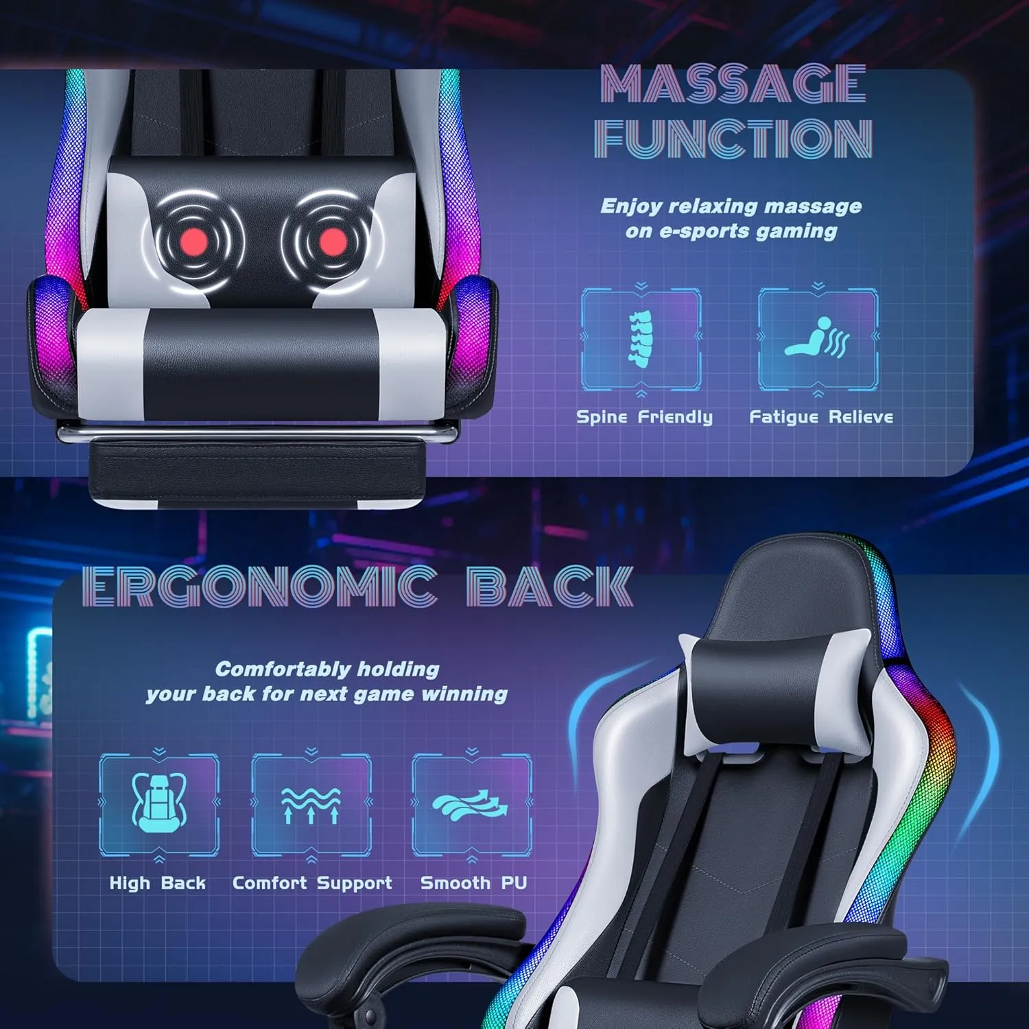 Furmax Gaming Chair with RGB LED Lights, Video Game Chair with Footrest and Massage Lumbar Support, High Back Reclining Computer Chair with Headrest, Swivel Seat Gamer Chair (LED White)