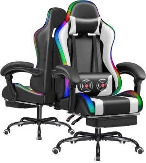 Furmax Gaming Chair with RGB LED Lights, Video Game Chair with Footrest and Massage Lumbar Support, High Back Reclining Computer Chair with Headrest, Swivel Seat Gamer Chair (LED White)
