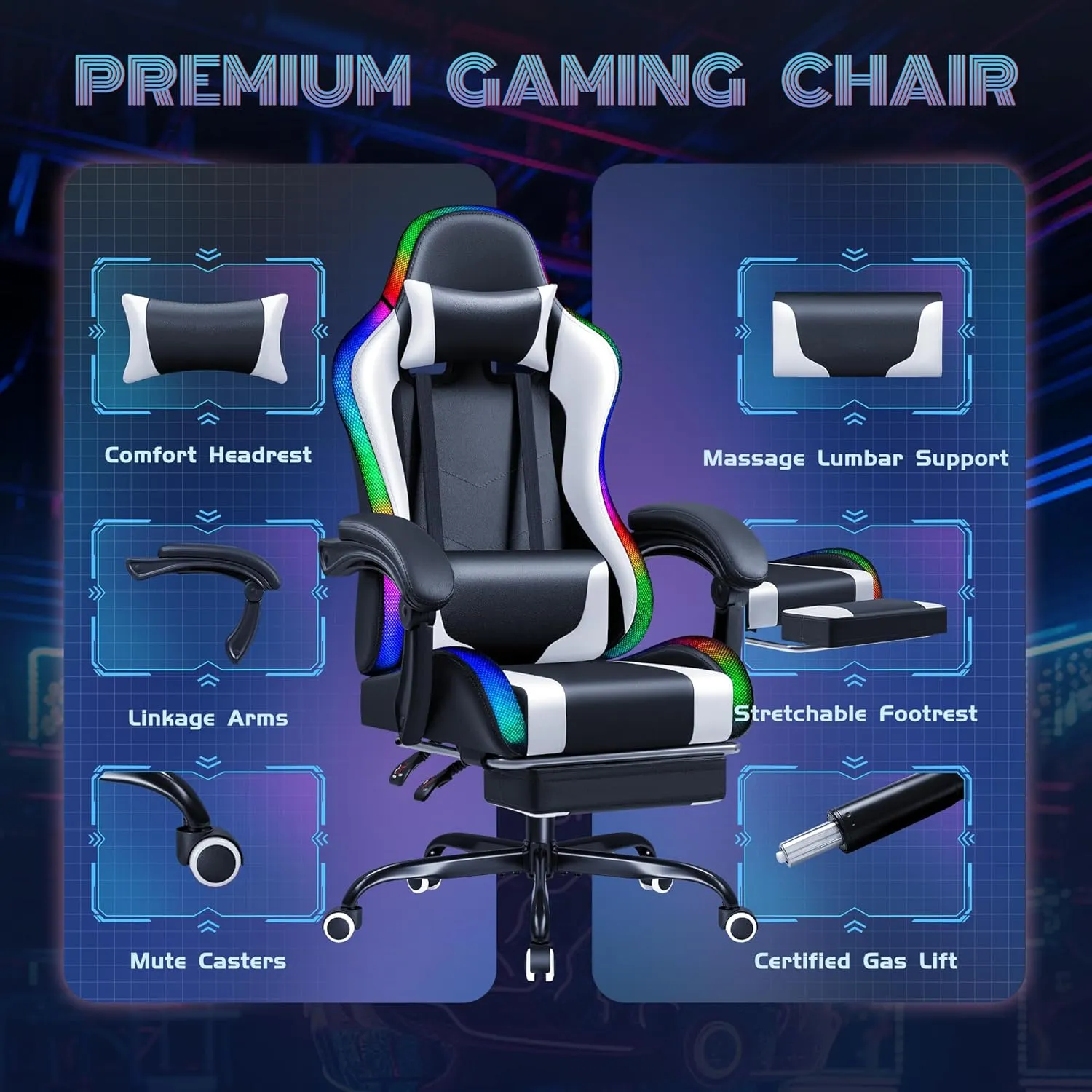 Furmax Gaming Chair with RGB LED Lights, Video Game Chair with Footrest and Massage Lumbar Support, High Back Reclining Computer Chair with Headrest, Swivel Seat Gamer Chair (LED White)