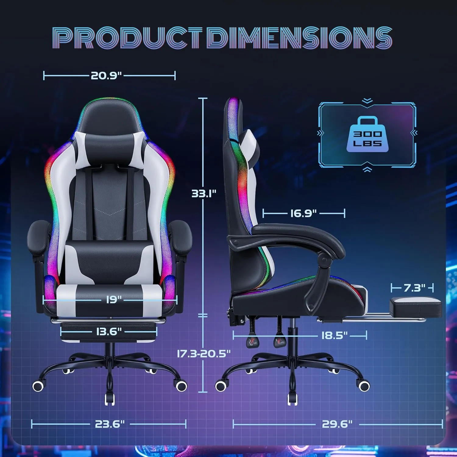 Furmax Gaming Chair with RGB LED Lights, Video Game Chair with Footrest and Massage Lumbar Support, High Back Reclining Computer Chair with Headrest, Swivel Seat Gamer Chair (LED White)