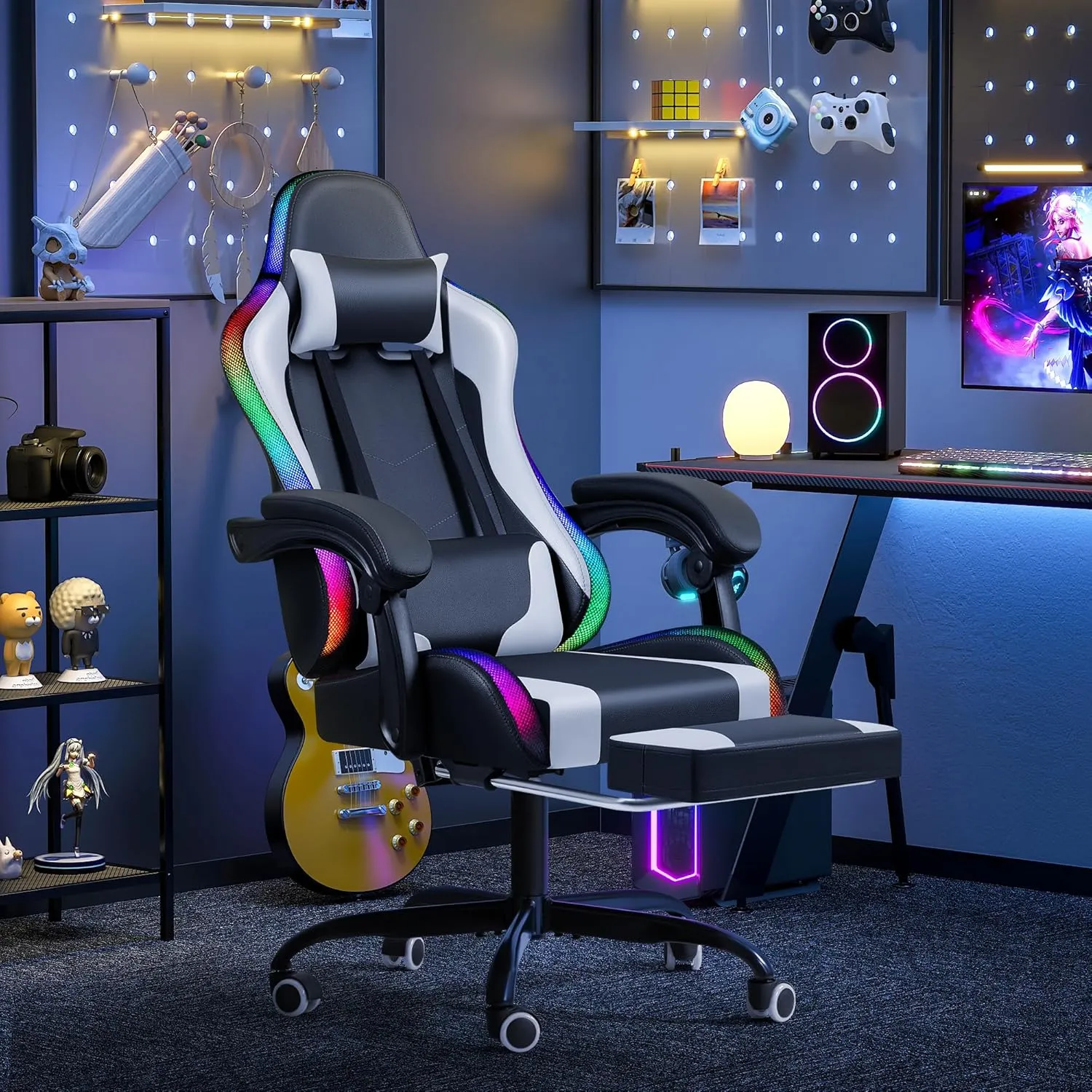 Furmax Gaming Chair with RGB LED Lights, Video Game Chair with Footrest and Massage Lumbar Support, High Back Reclining Computer Chair with Headrest, Swivel Seat Gamer Chair (LED White)