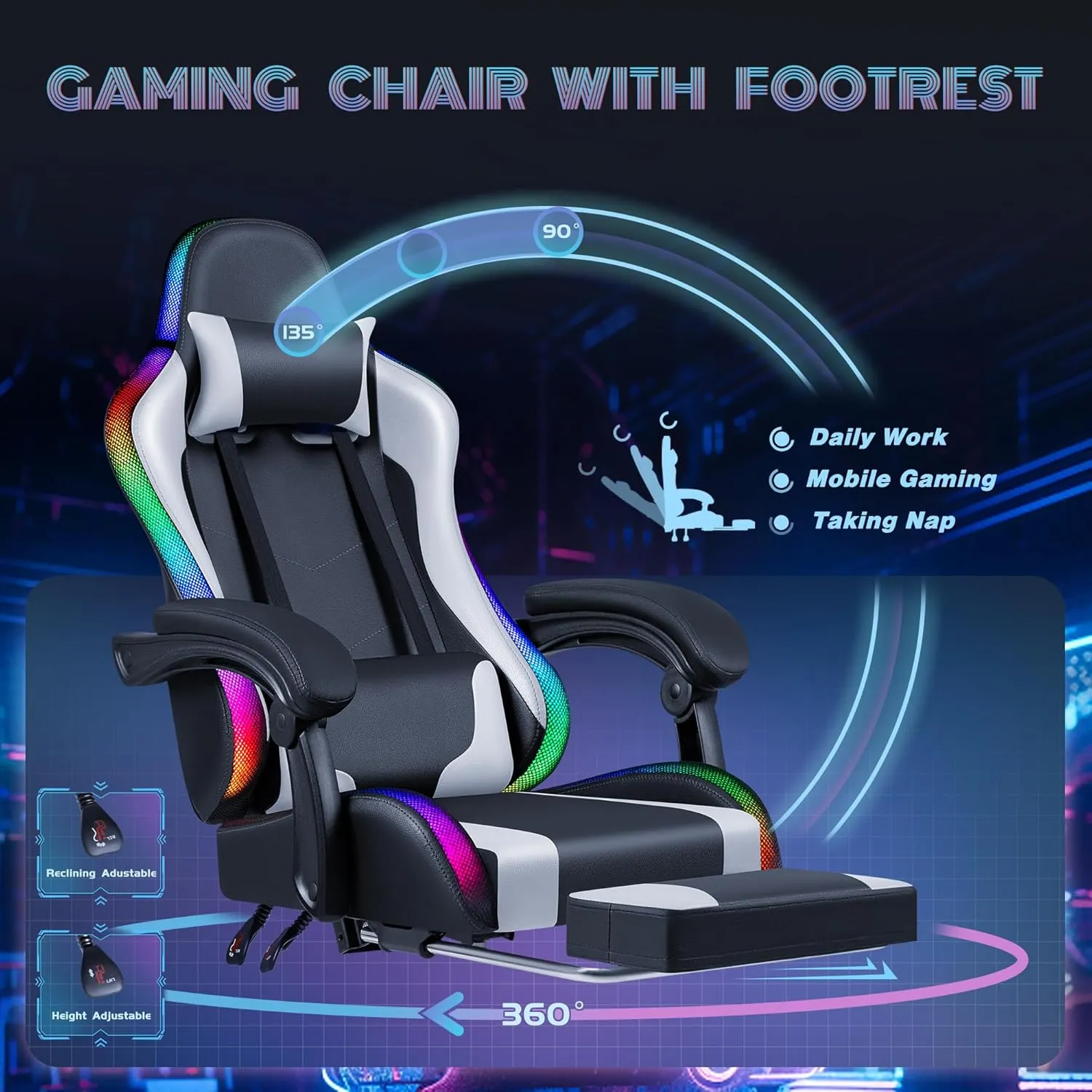 Furmax Gaming Chair with RGB LED Lights, Video Game Chair with Footrest and Massage Lumbar Support, High Back Reclining Computer Chair with Headrest, Swivel Seat Gamer Chair (LED White)