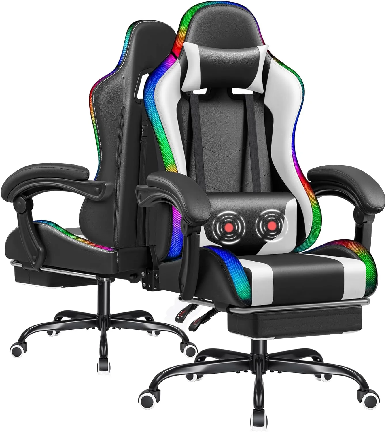 Furmax Gaming Chair with RGB LED Lights, Video Game Chair with Footrest and Massage Lumbar Support, High Back Reclining Computer Chair with Headrest, Swivel Seat Gamer Chair (LED White)