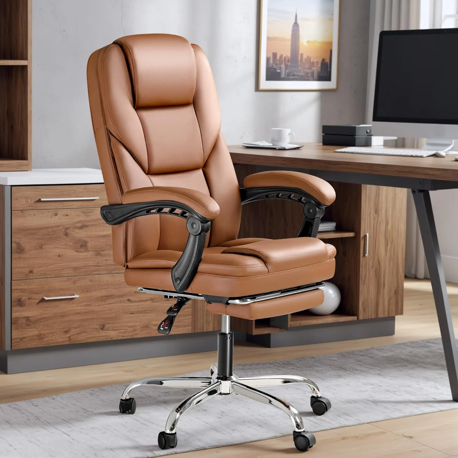 Furmax Office Chair, Executive Office Chair with Foot Rest Big and Tall Office Chair Ergonomic Home Office Desk Chairs Reclining High Back Leather Chair with Lumbar Support, 400LBS (Brown)