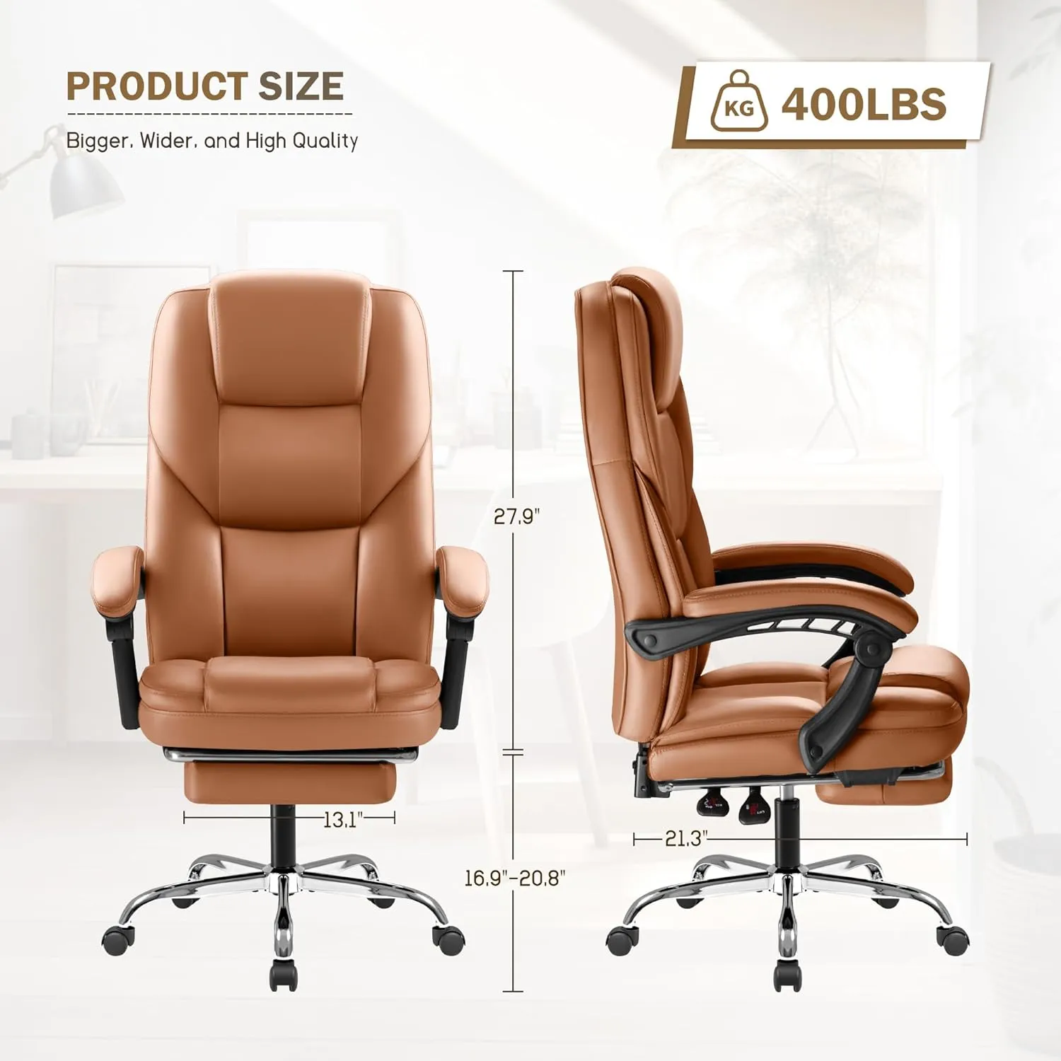 Furmax Office Chair, Executive Office Chair with Foot Rest Big and Tall Office Chair Ergonomic Home Office Desk Chairs Reclining High Back Leather Chair with Lumbar Support, 400LBS (Brown)