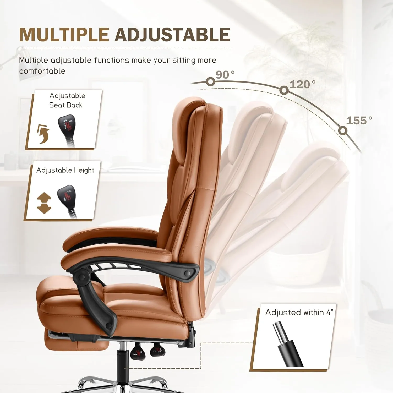 Furmax Office Chair, Executive Office Chair with Foot Rest Big and Tall Office Chair Ergonomic Home Office Desk Chairs Reclining High Back Leather Chair with Lumbar Support, 400LBS (Brown)