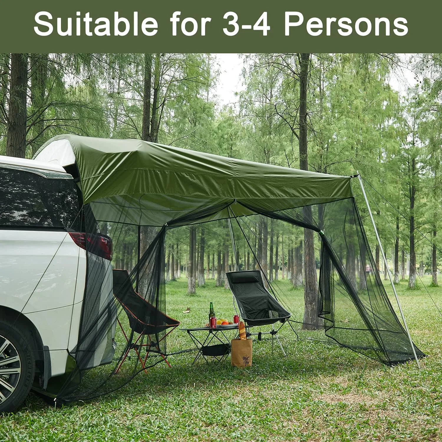 G4Free Car Awning Sun Shelter with Mosquito Net, Portable SUV Tent Tailgate Shade Canopy for Outdoor Camping Travel (Army Green)