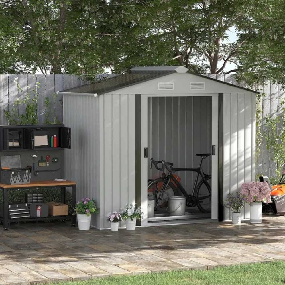 Galvanized Steel Garden Storage Shed for Outdoor Tools - 72.75" H Heavy-Duty Bike, Lawn Mower & Pool Equipment Shelter with Sloped Roof & Double Sliding Doors (83.75" L x 51.25" W, White)