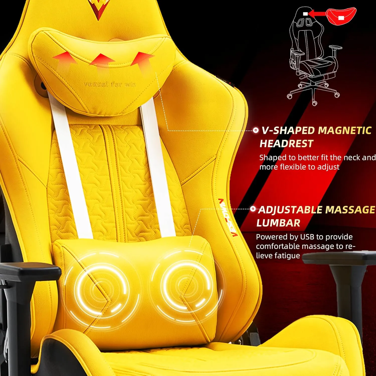 Gaming Chair for Adults, Ergonomic Video Game Chair with Adjustable Backrest, Massage Lumbar Support Premium PU Leather Tall Gamer Chair with Footrest Rocking Function Sturdy Metal Base,Yellow