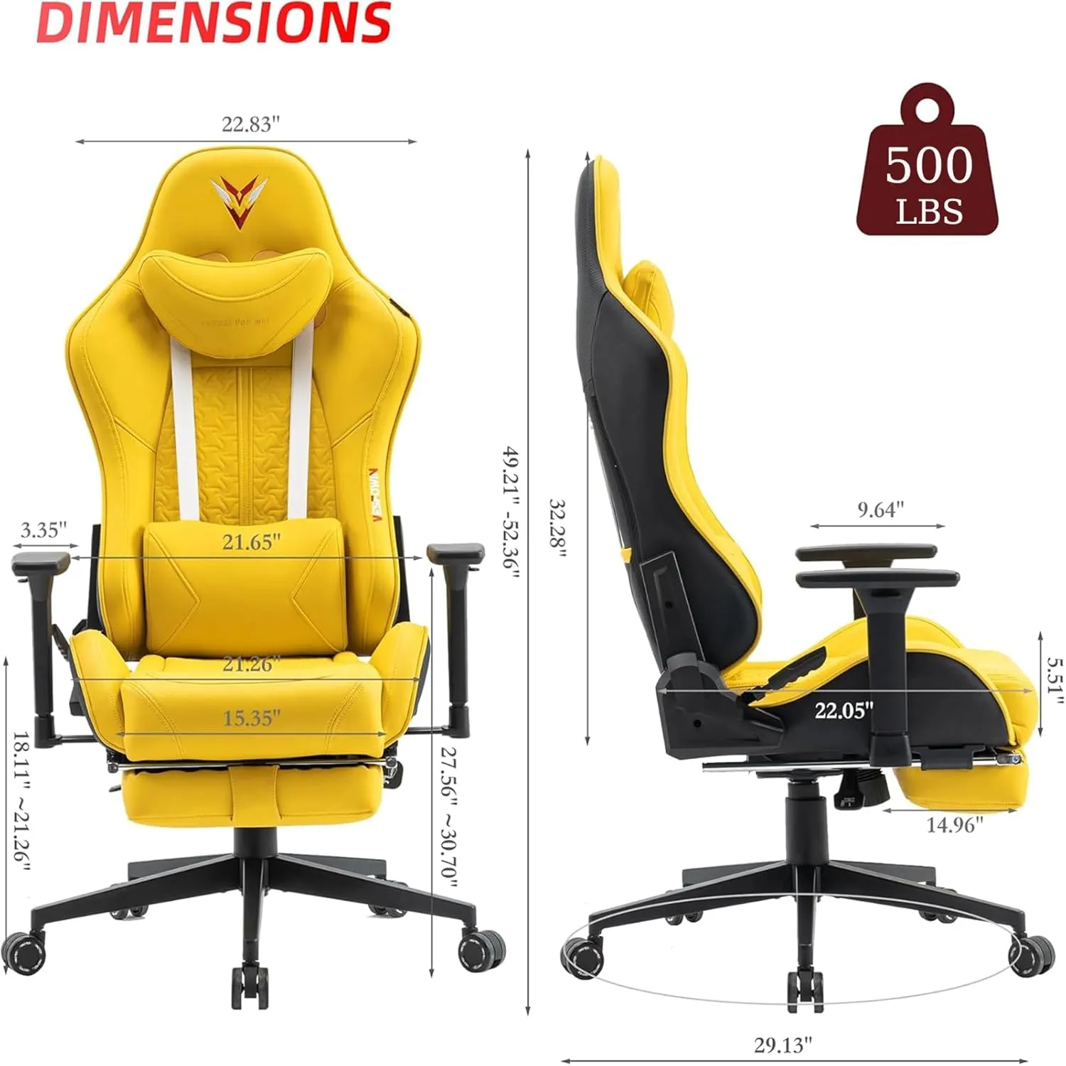 Gaming Chair for Adults, Ergonomic Video Game Chair with Adjustable Backrest, Massage Lumbar Support Premium PU Leather Tall Gamer Chair with Footrest Rocking Function Sturdy Metal Base,Yellow
