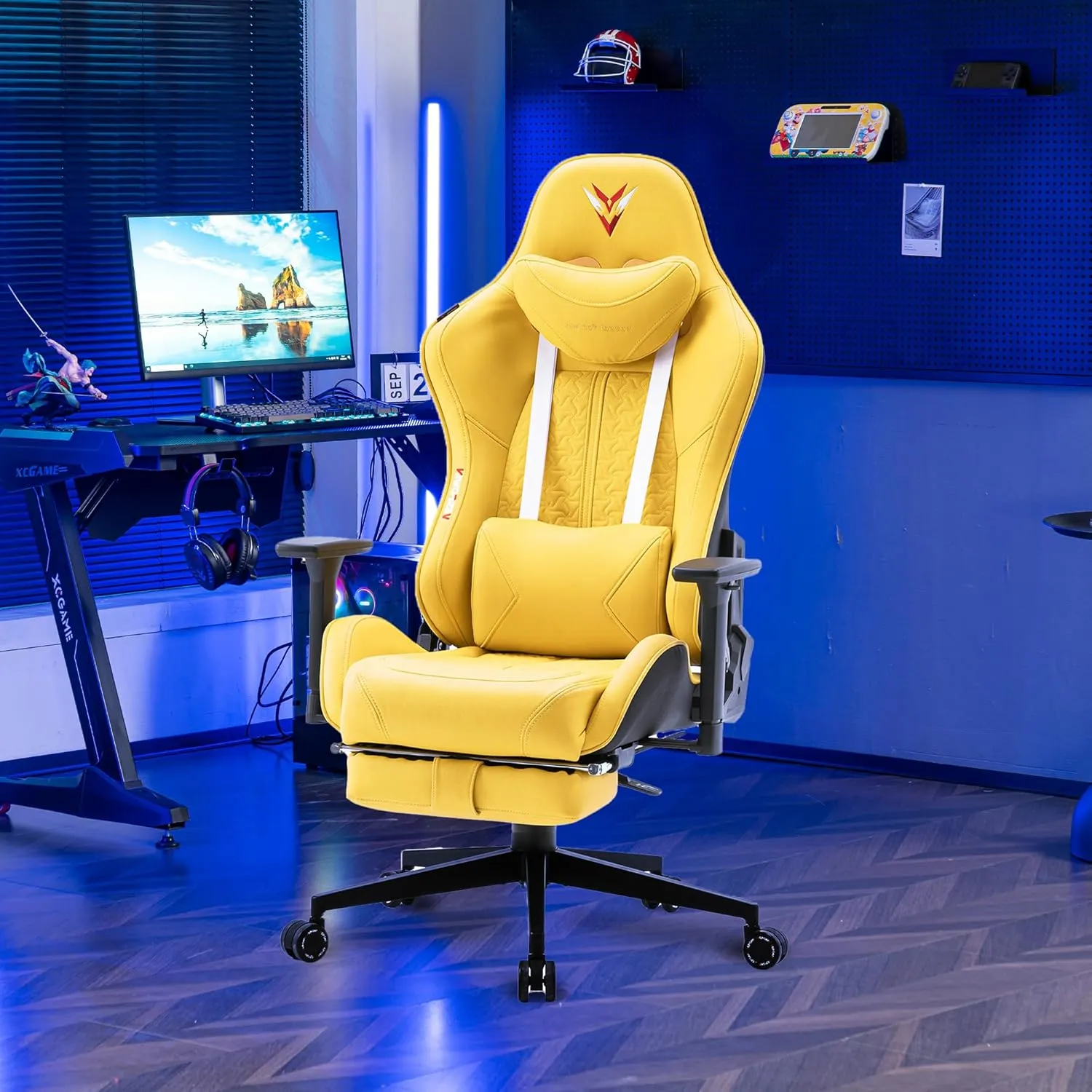 Gaming Chair for Adults, Ergonomic Video Game Chair with Adjustable Backrest, Massage Lumbar Support Premium PU Leather Tall Gamer Chair with Footrest Rocking Function Sturdy Metal Base,Yellow