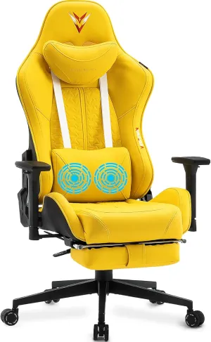 Gaming Chair for Adults, Ergonomic Video Game Chair with Adjustable Backrest, Massage Lumbar Support Premium PU Leather Tall Gamer Chair with Footrest Rocking Function Sturdy Metal Base,Yellow