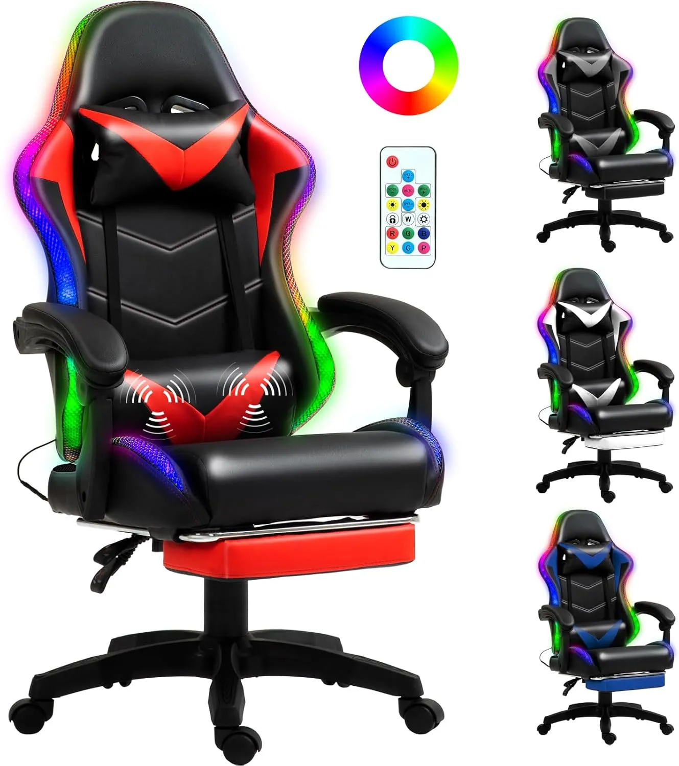 Gaming Chair, Racing Style RGB LED Lights Gaming Chairs for Adults and Kids, Lumbar Massager Gamer Chair, High Back Reclining Computer Chair with Footrest and Headrest (Black/Red)