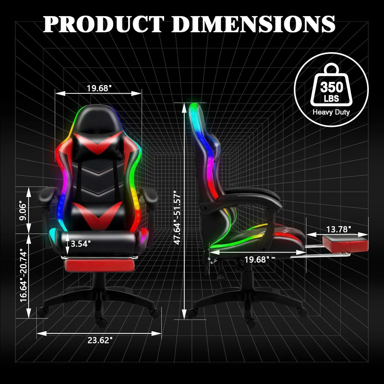 Gaming Chair, Racing Style RGB LED Lights Gaming Chairs for Adults and Kids, Lumbar Massager Gamer Chair, High Back Reclining Computer Chair with Footrest and Headrest (Black/Red)