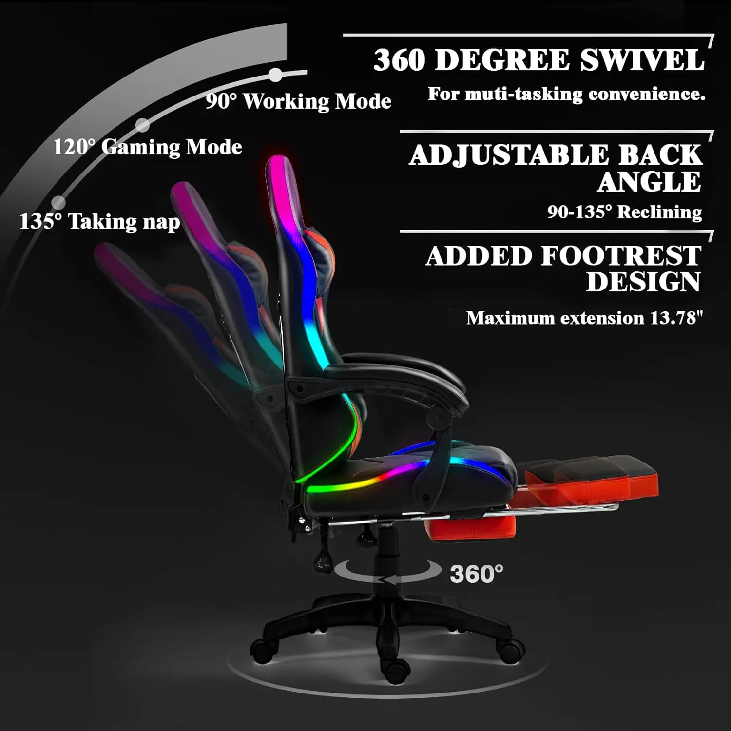 Gaming Chair, Racing Style RGB LED Lights Gaming Chairs for Adults and Kids, Lumbar Massager Gamer Chair, High Back Reclining Computer Chair with Footrest and Headrest (Black/Red)