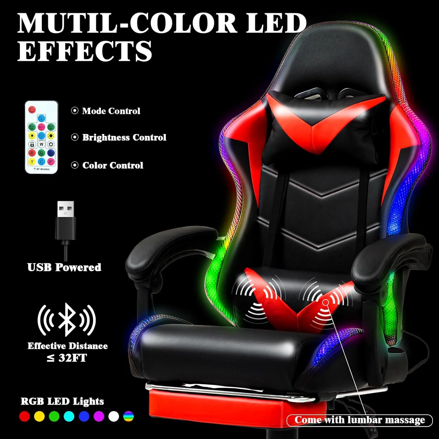 Gaming Chair, Racing Style RGB LED Lights Gaming Chairs for Adults and Kids, Lumbar Massager Gamer Chair, High Back Reclining Computer Chair with Footrest and Headrest (Black/Red)