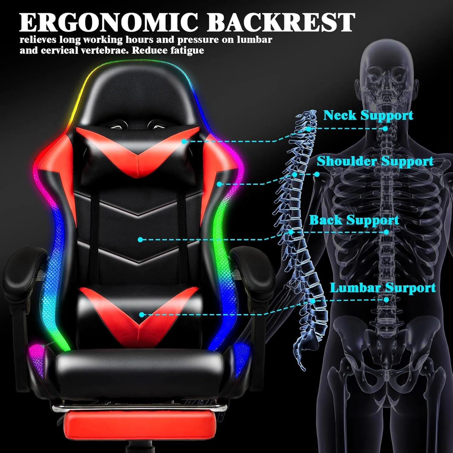 Gaming Chair, Racing Style RGB LED Lights Gaming Chairs for Adults and Kids, Lumbar Massager Gamer Chair, High Back Reclining Computer Chair with Footrest and Headrest (Black/Red)