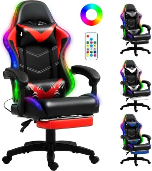 Gaming Chair, Racing Style RGB LED Lights Gaming Chairs for Adults and Kids, Lumbar Massager Gamer Chair, High Back Reclining Computer Chair with Footrest and Headrest (Black/Red)