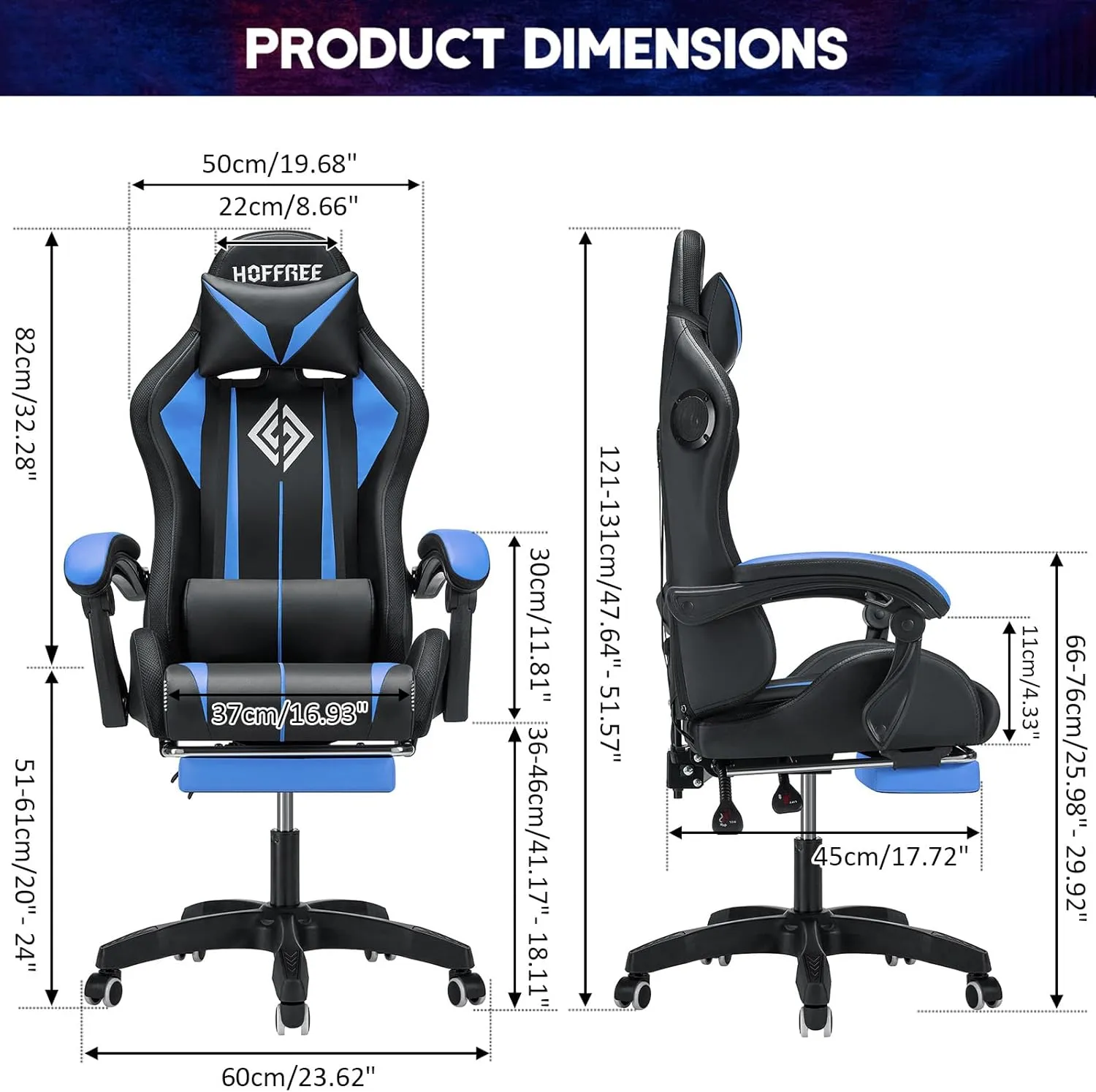 Gaming Chair with Bluetooth Speakers and RGB LED Lights Ergonomic Massage Video Game Chair with Footrest High Back with Lumbar Support Blue and Black