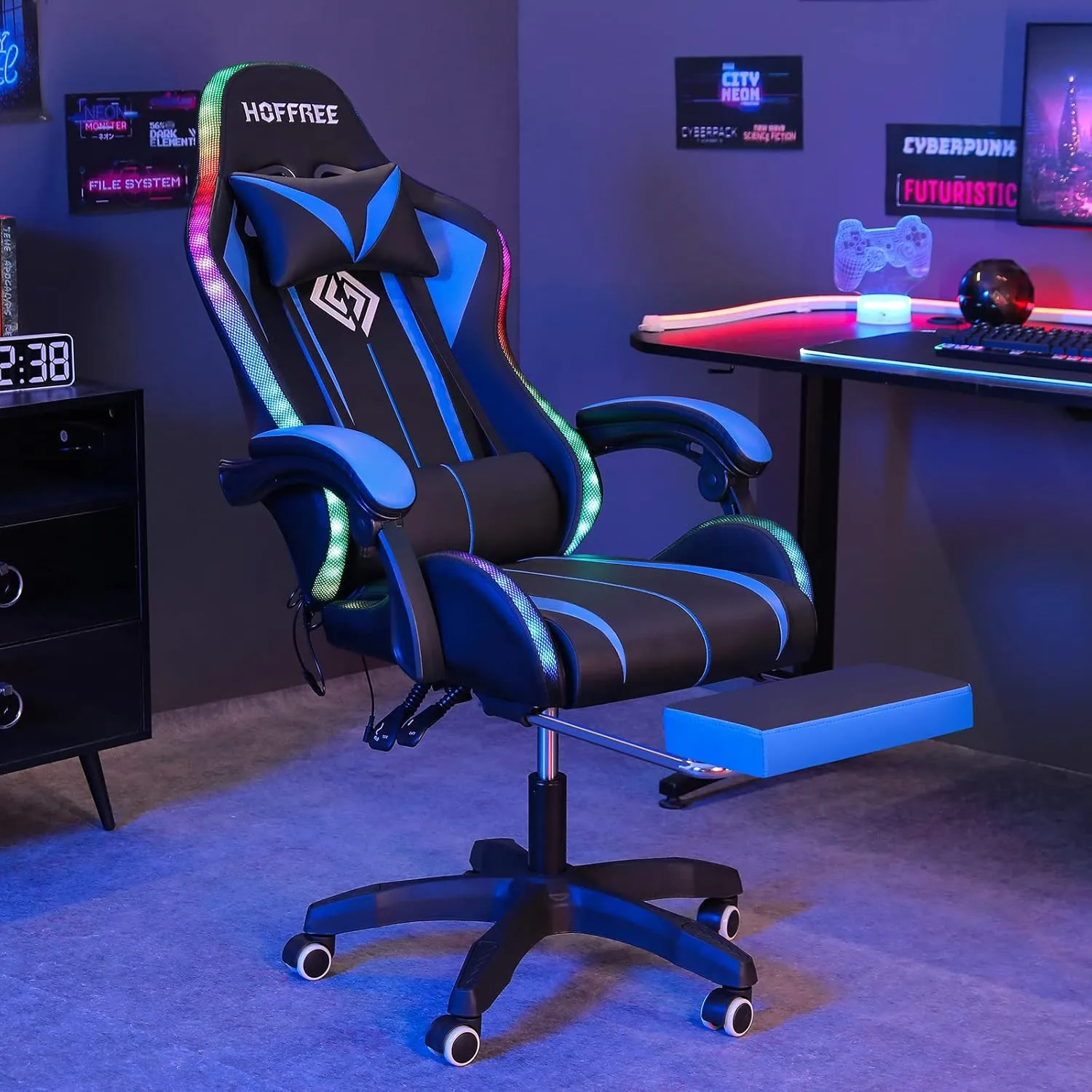 Gaming Chair with Bluetooth Speakers and RGB LED Lights Ergonomic Massage Video Game Chair with Footrest High Back with Lumbar Support Blue and Black