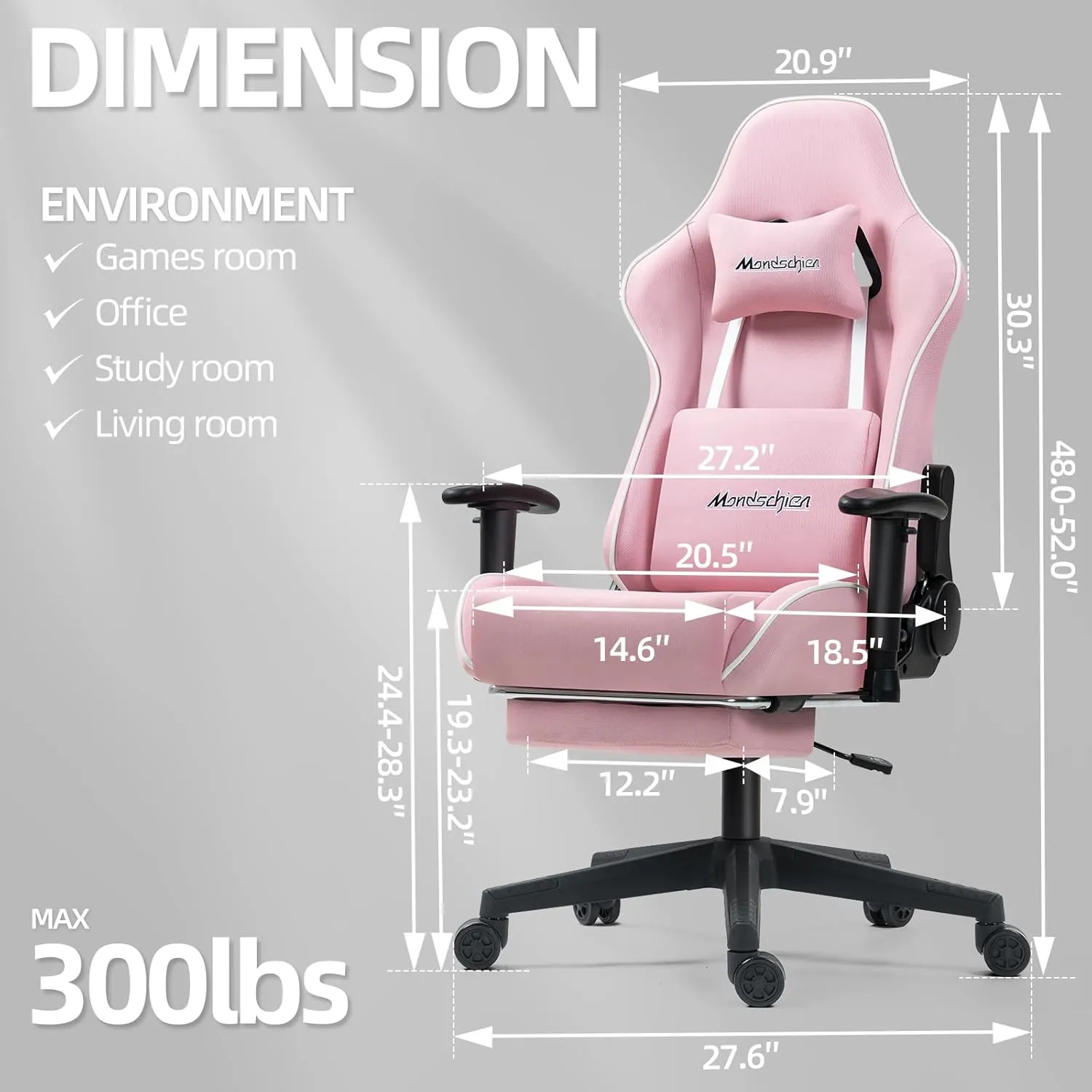 Gaming Chair with Pocket Spring Cushion, Fabric High Back Ergonomic Reclining Office Chair Massage PC Game Computer Chair with Footrest, Adjustable Armrest (Pink)