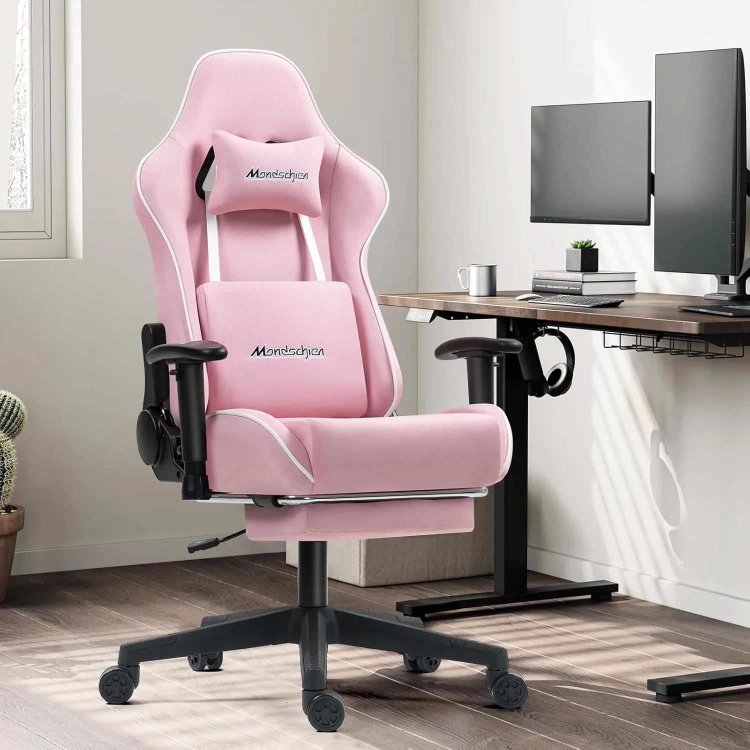Gaming Chair with Pocket Spring Cushion, Fabric High Back Ergonomic Reclining Office Chair Massage PC Game Computer Chair with Footrest, Adjustable Armrest (Pink)