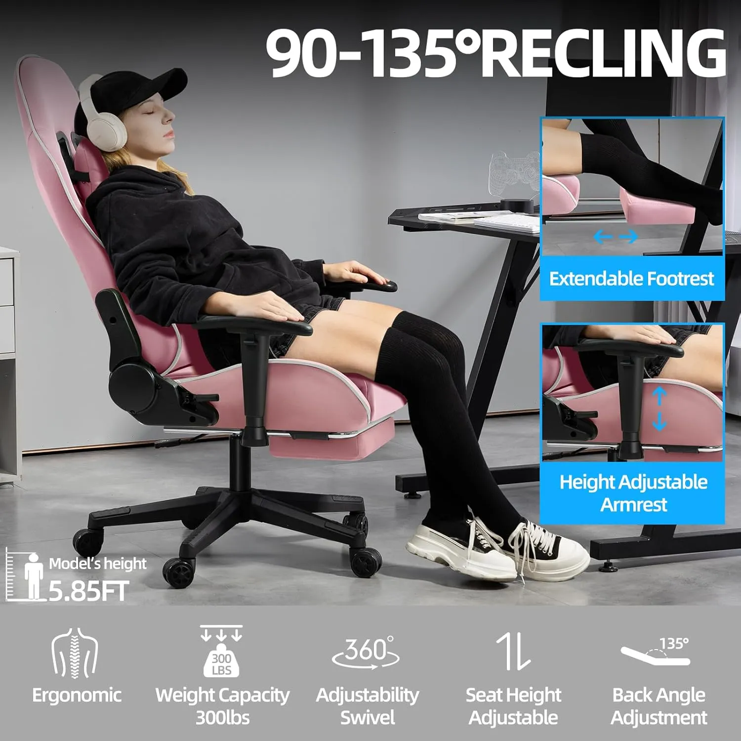 Gaming Chair with Pocket Spring Cushion, Fabric High Back Ergonomic Reclining Office Chair Massage PC Game Computer Chair with Footrest, Adjustable Armrest (Pink)