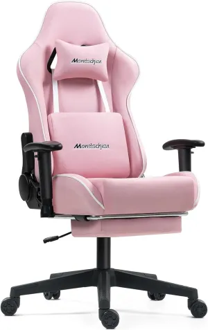 Gaming Chair with Pocket Spring Cushion, Fabric High Back Ergonomic Reclining Office Chair Massage PC Game Computer Chair with Footrest, Adjustable Armrest (Pink)