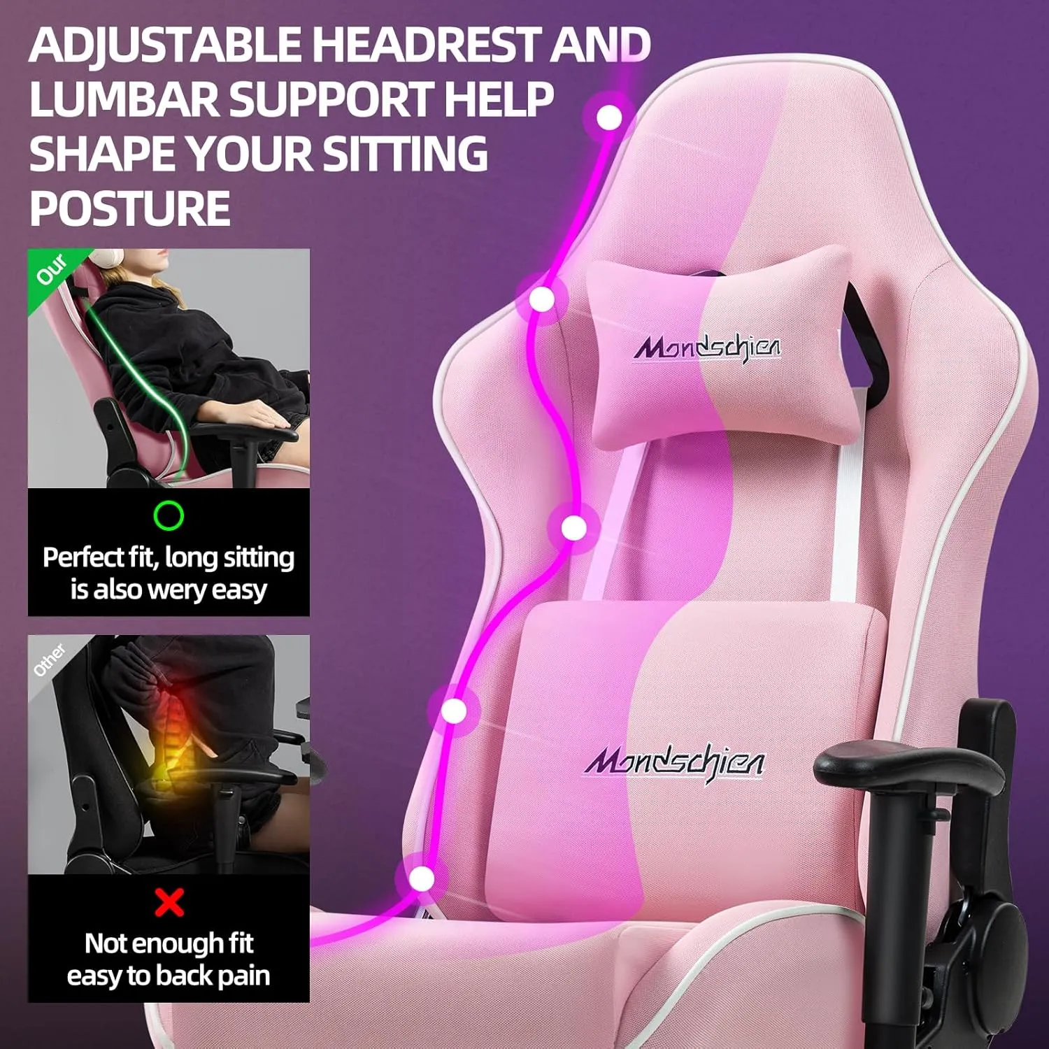 Gaming Chair with Pocket Spring Cushion, Fabric High Back Ergonomic Reclining Office Chair Massage PC Game Computer Chair with Footrest, Adjustable Armrest (Pink)