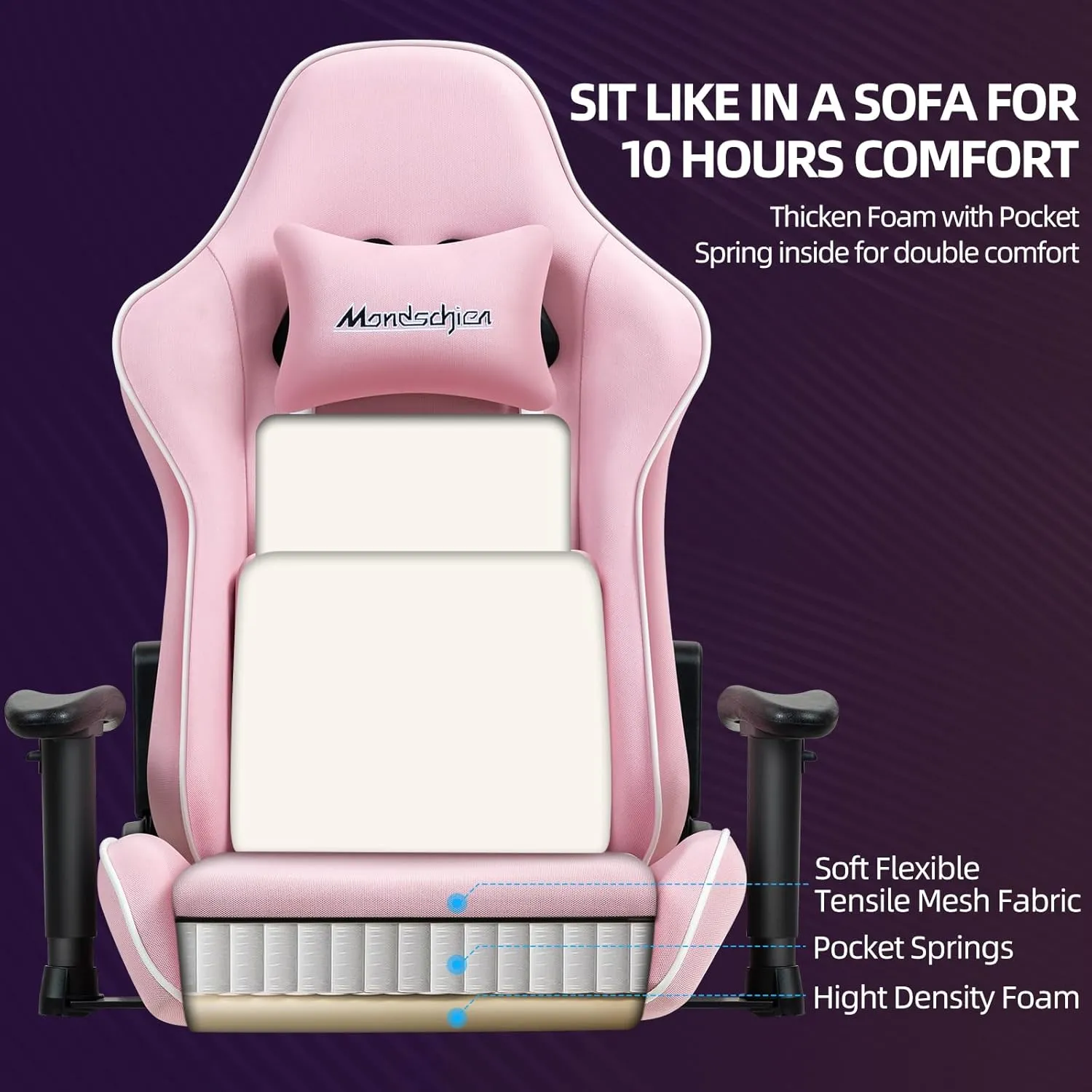 Gaming Chair with Pocket Spring Cushion, Fabric High Back Ergonomic Reclining Office Chair Massage PC Game Computer Chair with Footrest, Adjustable Armrest (Pink)