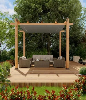 GAOMON Retractable Pergola 10' x 10' Aluminum Outdoor Pergola with Retractable Canopy Faux Wood Metal Pergolas for Patios, Backyard, Deck, Patio, Garden Porch Beach Pavilion Grape Trellis, Gray