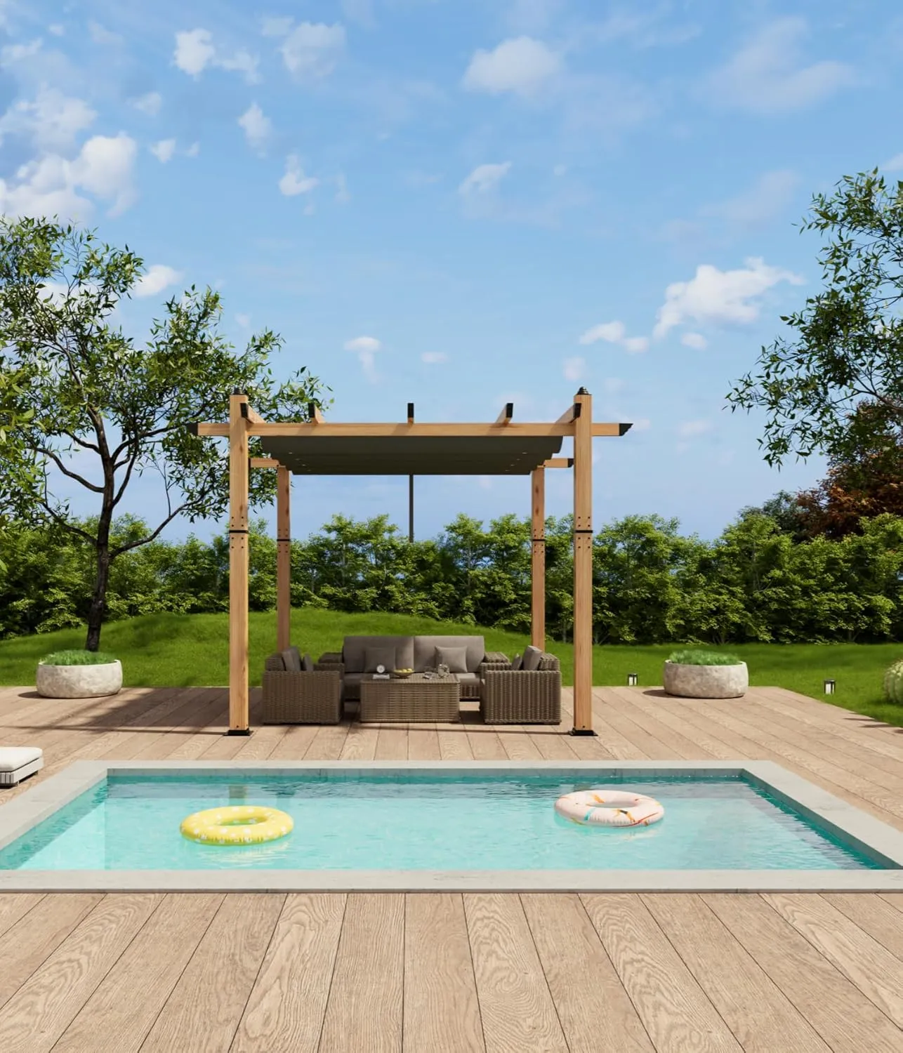 GAOMON Retractable Pergola 10' x 10' Aluminum Outdoor Pergola with Retractable Canopy Faux Wood Metal Pergolas for Patios, Backyard, Deck, Patio, Garden Porch Beach Pavilion Grape Trellis, Gray