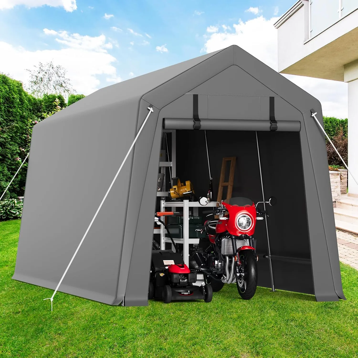 Garvee 7'x10' Outdoor Portable Storage Shed, Waterproof & UV-Resistant Garage Shelter with 2 Roll-Up Zipper Doors, Anti-Snow Carport Tent for Motorcycle, Bike, and Outdoor Equipment, Gray