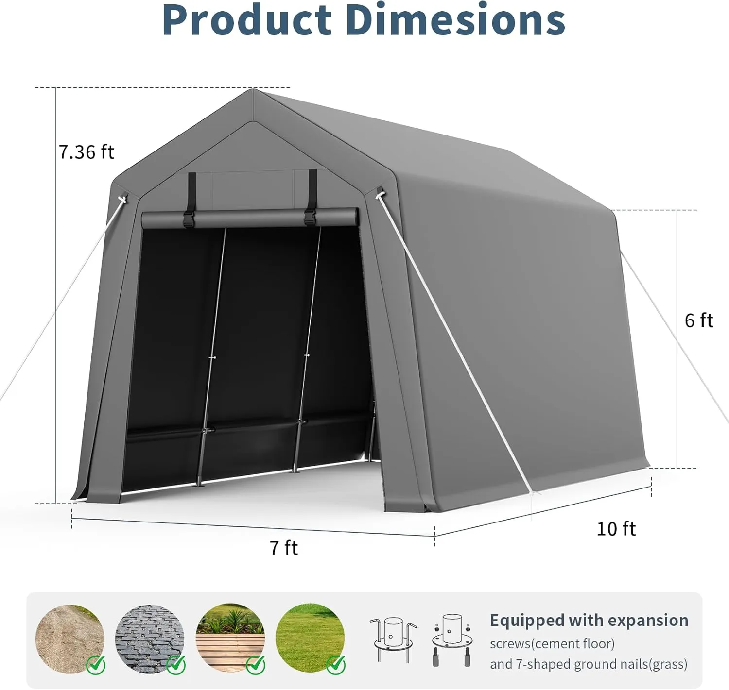 Garvee 7'x10' Outdoor Portable Storage Shed, Waterproof & UV-Resistant Garage Shelter with 2 Roll-Up Zipper Doors, Anti-Snow Carport Tent for Motorcycle, Bike, and Outdoor Equipment, Gray