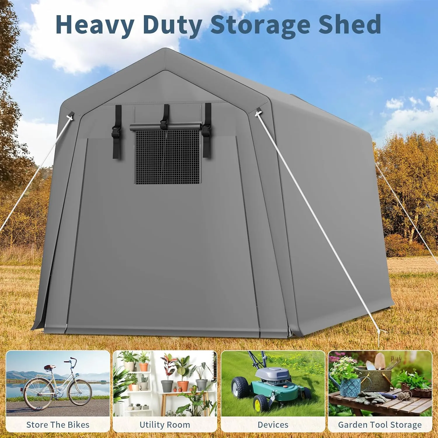 Garvee 7'x10' Outdoor Portable Storage Shed, Waterproof & UV-Resistant Garage Shelter with 2 Roll-Up Zipper Doors, Anti-Snow Carport Tent for Motorcycle, Bike, and Outdoor Equipment, Gray