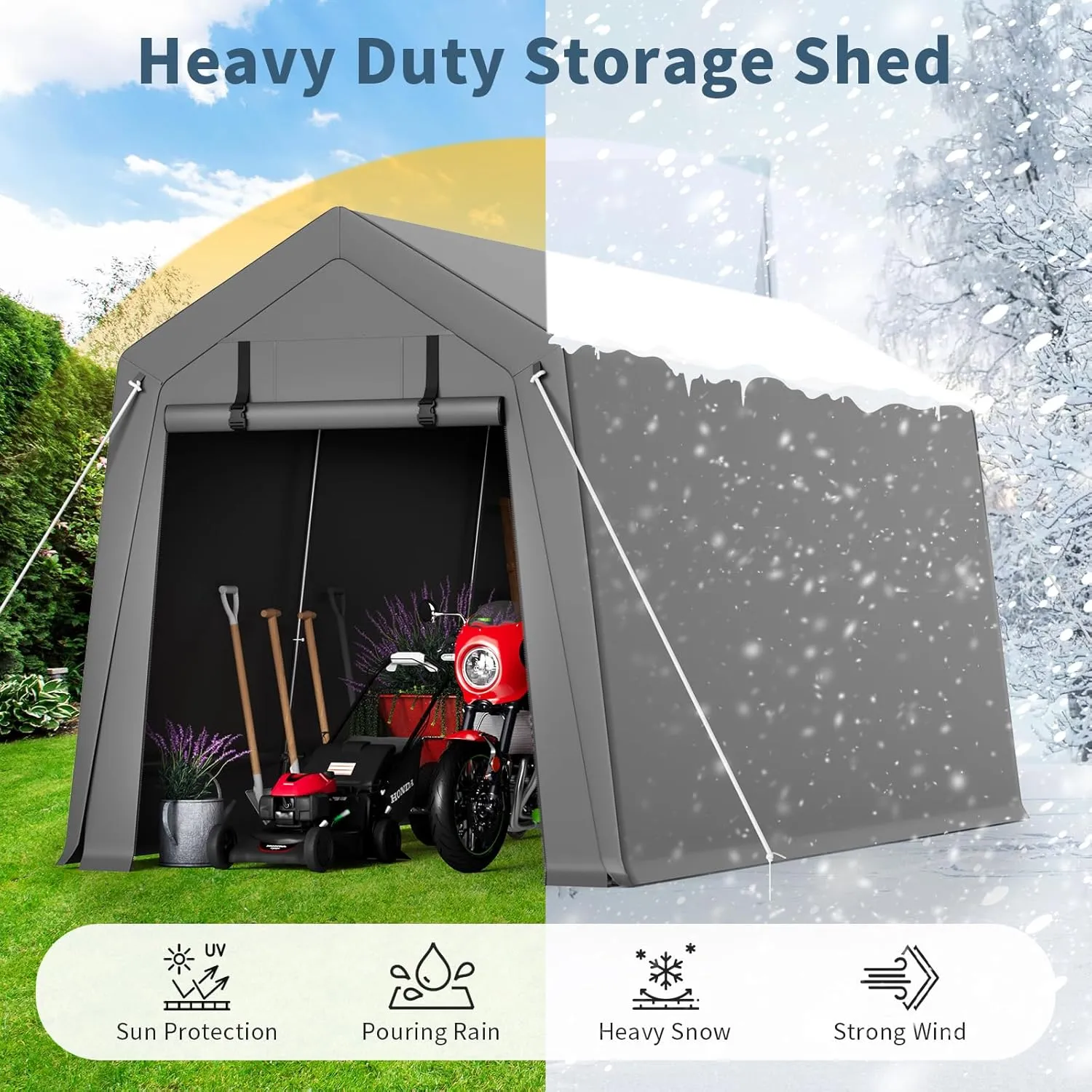 Garvee 7'x10' Outdoor Portable Storage Shed, Waterproof & UV-Resistant Garage Shelter with 2 Roll-Up Zipper Doors, Anti-Snow Carport Tent for Motorcycle, Bike, and Outdoor Equipment, Gray