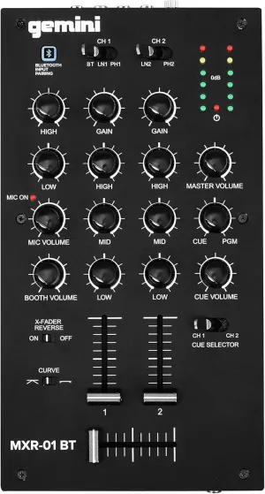 Gemini 2-Channel DJ Mixer w/Bluetooth, Mic EQ, Crossfader Curve Control, Rugged Metal Build, RCA/Balanced Outs, Compact Pro Design (MXR-01BT)