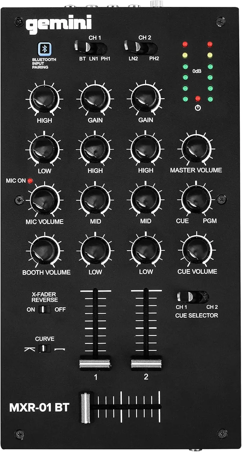 Gemini 2-Channel DJ Mixer w/Bluetooth, Mic EQ, Crossfader Curve Control, Rugged Metal Build, RCA/Balanced Outs, Compact Pro Design (MXR-01BT)