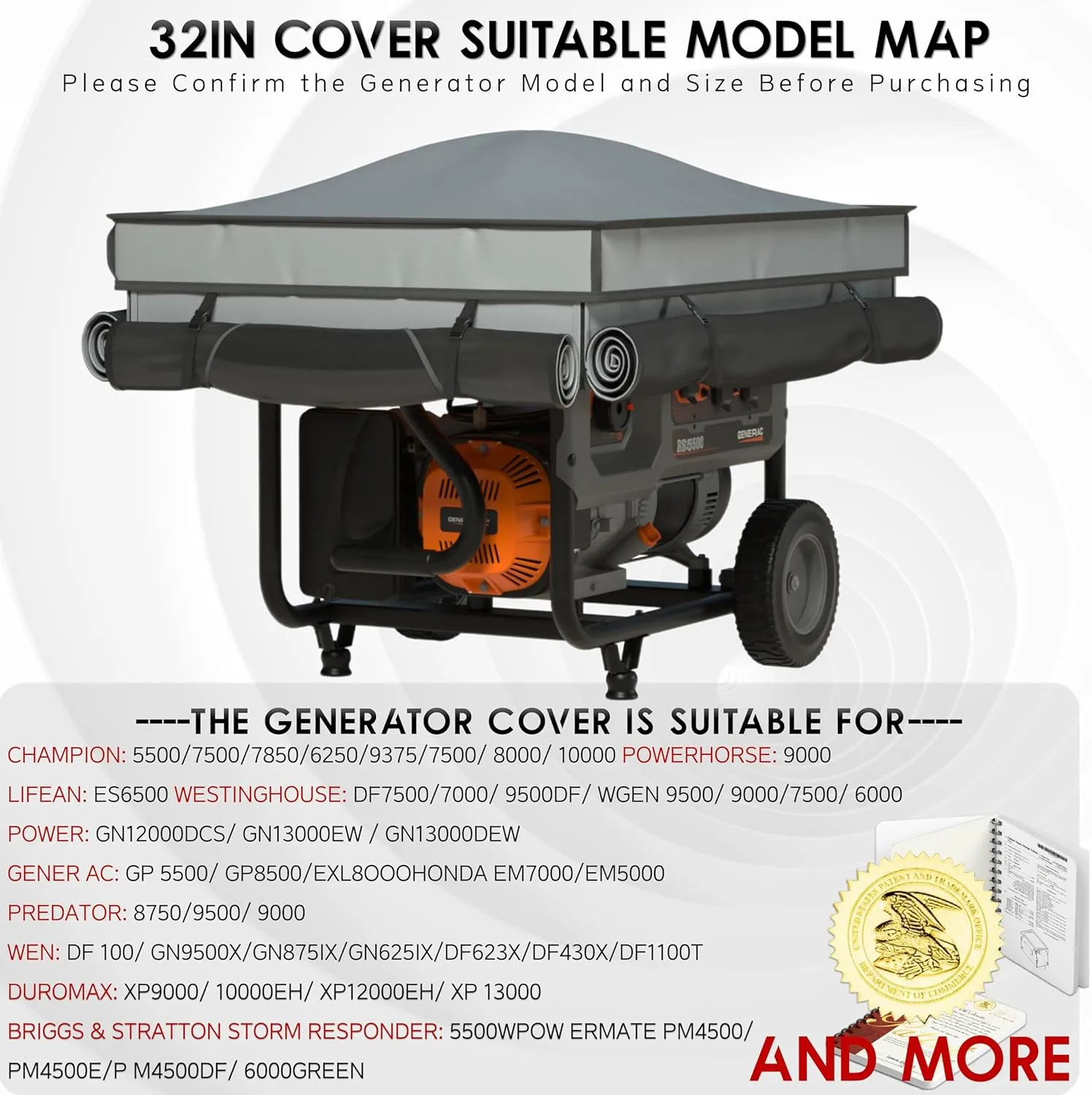 Generator Covers While Running, Waterproof Heavy Duty Generator Tent, 1680D 210D Double Layer, Rooftop Design, Large Generator Cover, 32 x24 x24, Grey