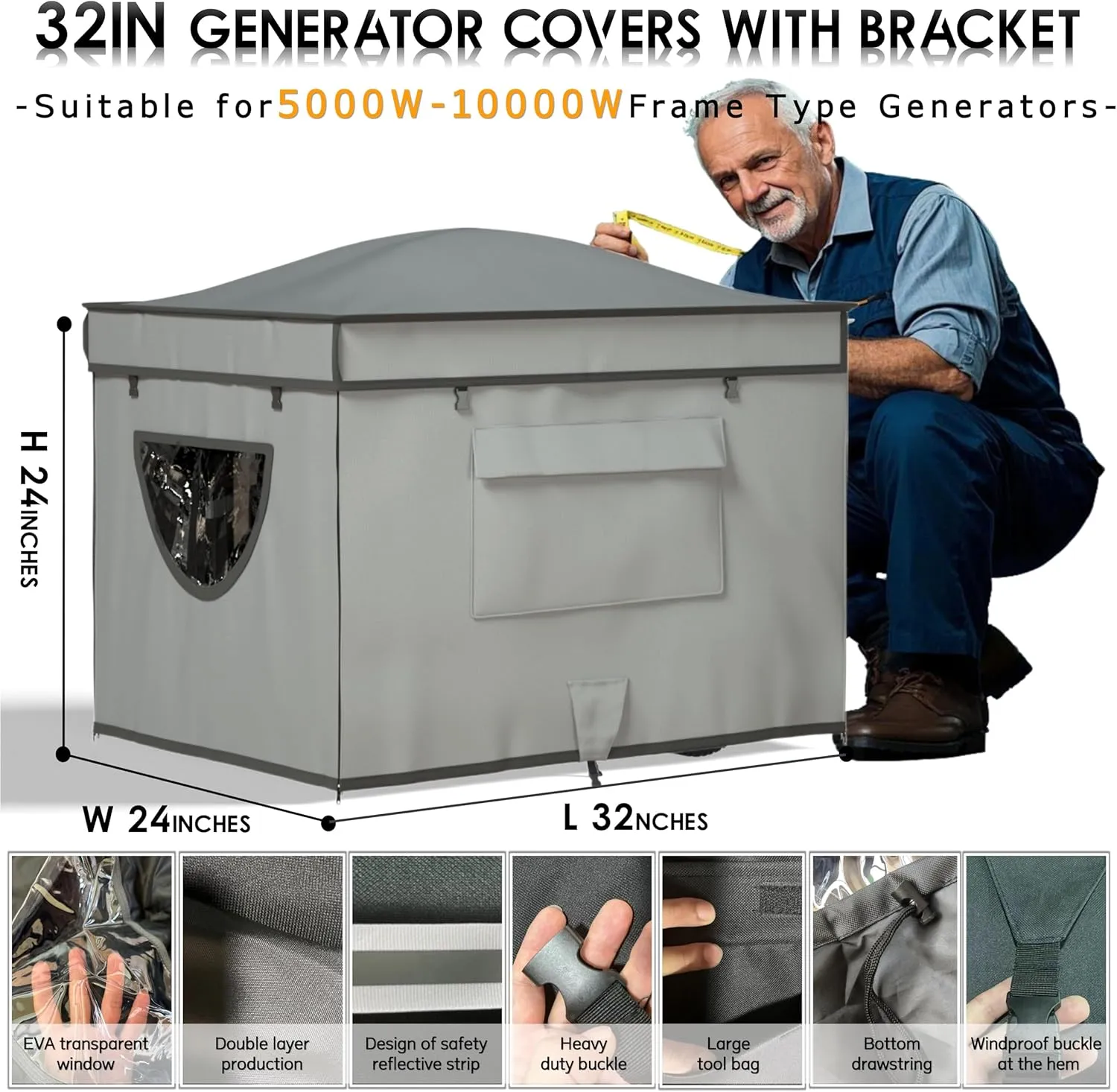 Generator Covers While Running, Waterproof Heavy Duty Generator Tent, 1680D 210D Double Layer, Rooftop Design, Large Generator Cover, 32 x24 x24, Grey