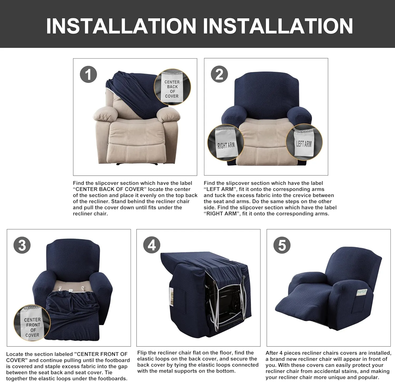 Genina Recliner Chair Covers, Stretch Reclining Chair Cover, Recliner Sofa Slipcovers Stripe Jacquard Lazy Couch Covers Furniture Protector Covers for Pet Kid (Navy Blue, 1 Seat)