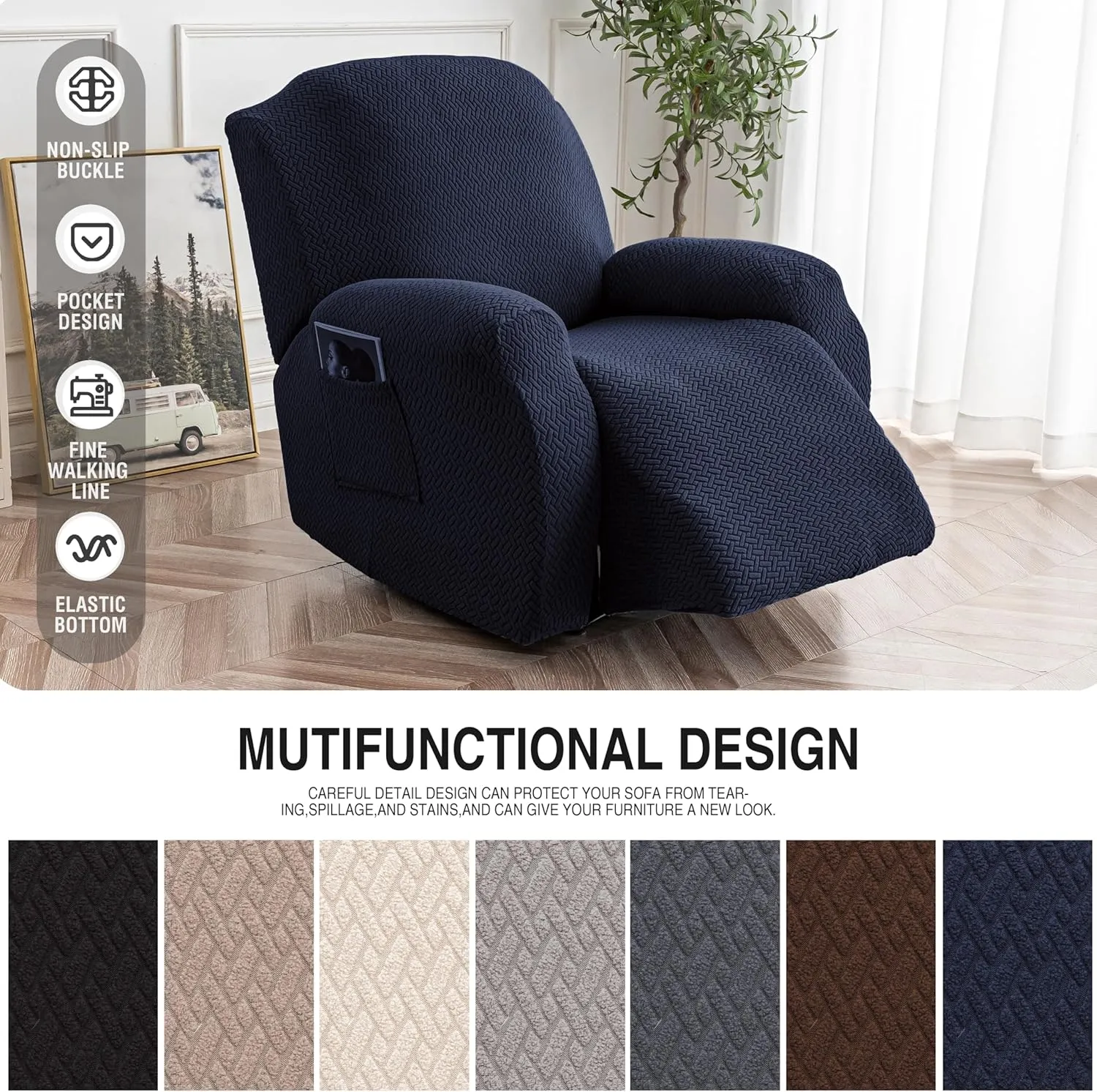 Genina Recliner Chair Covers, Stretch Reclining Chair Cover, Recliner Sofa Slipcovers Stripe Jacquard Lazy Couch Covers Furniture Protector Covers for Pet Kid (Navy Blue, 1 Seat)